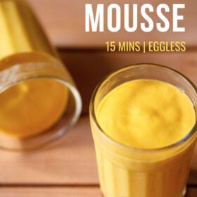 mango mousse in two glasses on a dark beige wooden board with text layovers.