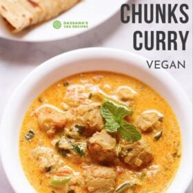 overhead shot of soya chunks curry recipe in a white bowl garnished with mint