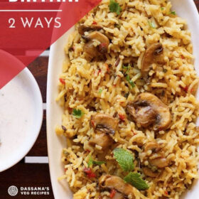 overhead shot of mushroom biryani in an oblong white tray on a wooden board with text layovers