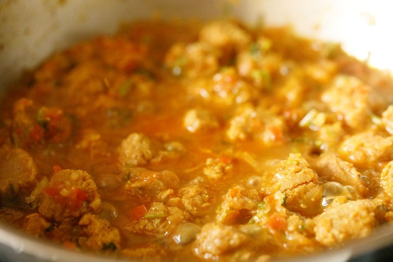 soya chunks simmering in curry sauce prior to adding coconut milk