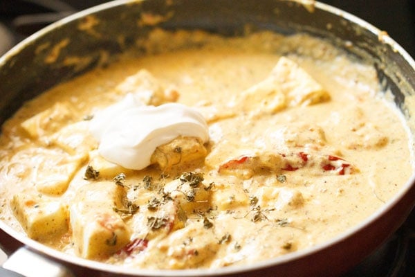 cream added to achari paneer