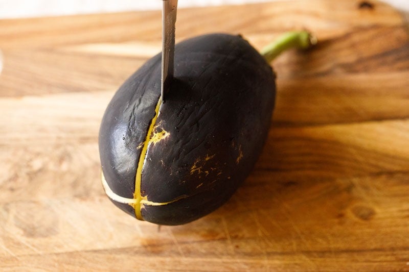 cutting the eggplant