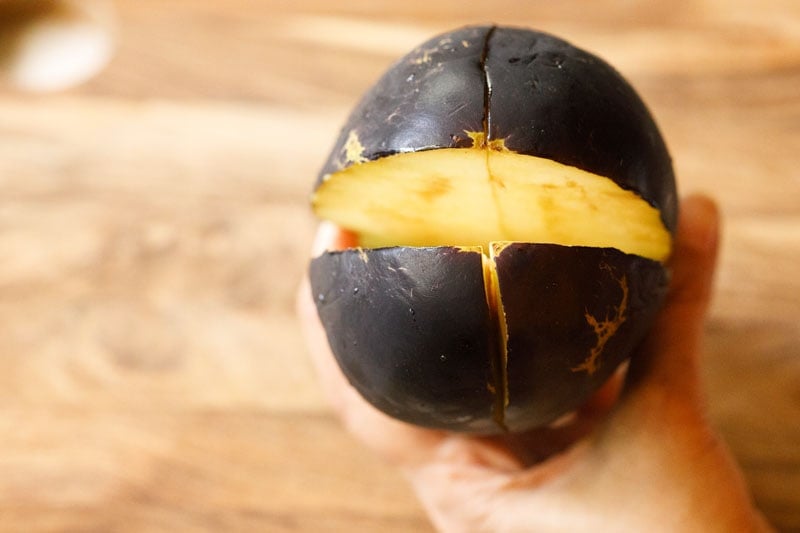 pulling apart the chopped eggplant