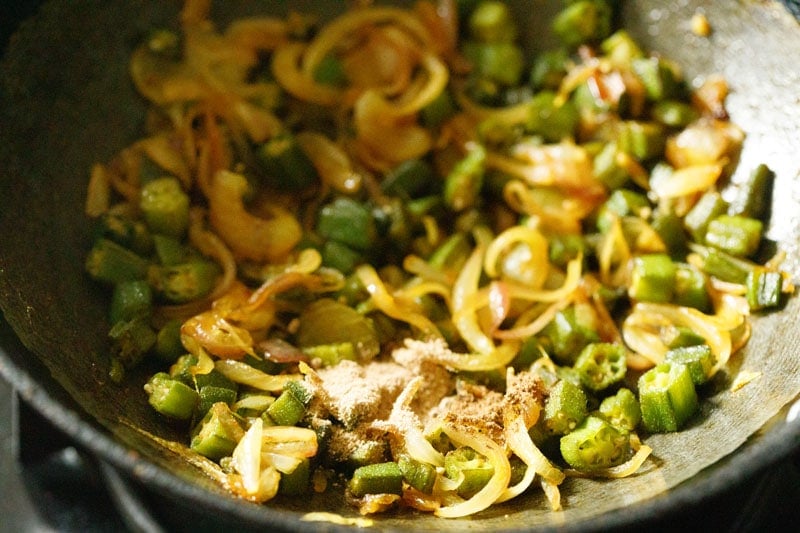 dry mango powder and garam masala masala on bhindi do pyaaza