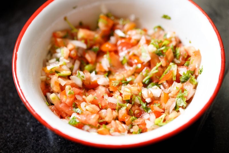 completed bowl of homemade pico de gallo for stuffing vegetarian burritos