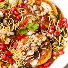 ragda patties in a white bowl.