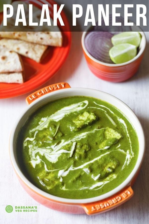 palak paneer topped with cream, garnished with ginger julienne and served in an orange bowl on a white board with text layovers