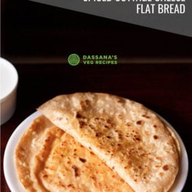 folded paneer paratha on top of another paratha on a white plate with text layovers.