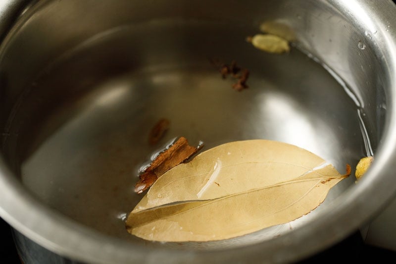 bay leaf, cloves, cinnamon, cardamom pods, mace and salt in a pot of water