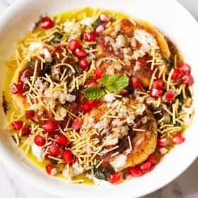 ragda patties in a white bowl.