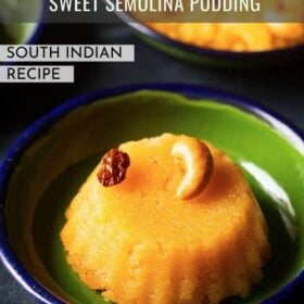 rava kesari with a cashew and raisin served in a dark green plate with text layovers