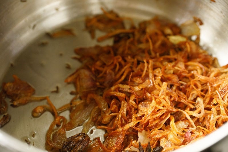 onions are a rich golden brown, meaning they are ready for making meal maker biryani. 