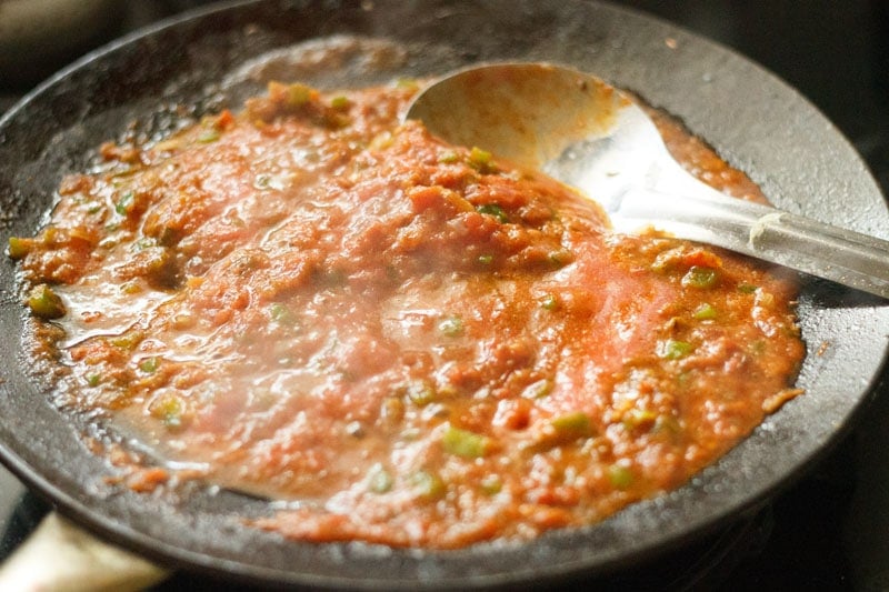 tomato puree added and mixed with sautéed veggie mixture