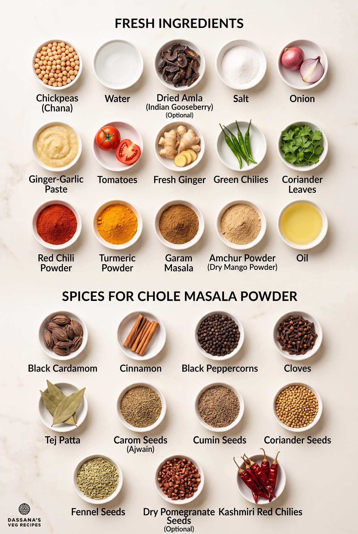 Ingredients needed for Chole Recipe with chickpeas, onions, tomatoes, ginger and whole spices for homemade chole masala.
