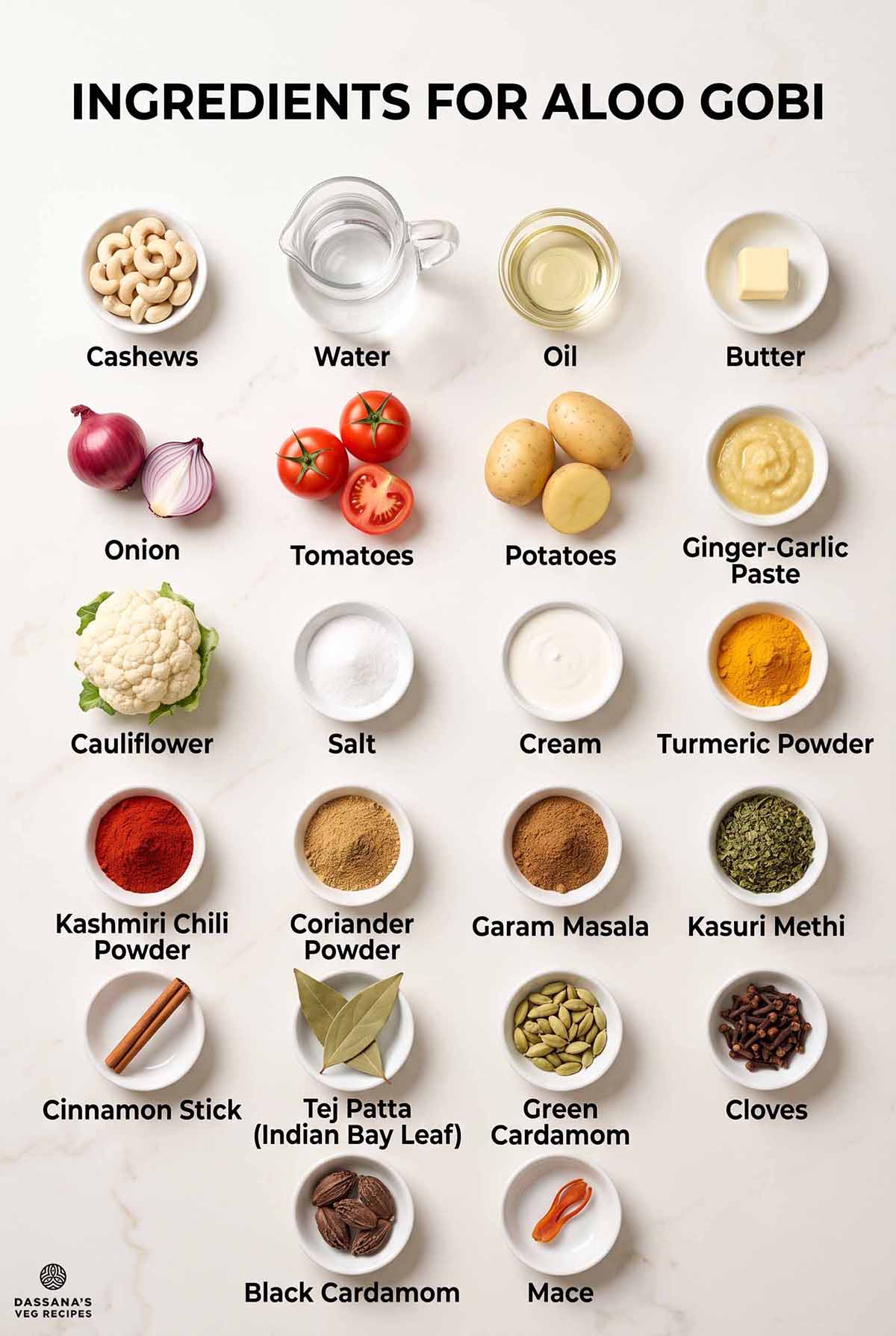 Ingredients for Aloo Gobi recipe including cauliflower, potatoes, onions, tomatoes, cashews, whole spices and spice powders.