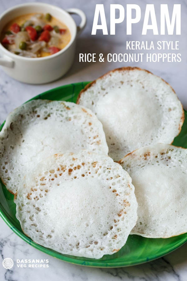 overhead shot of kerala appams on a green plate with vegetable stew in white bowl placed on top