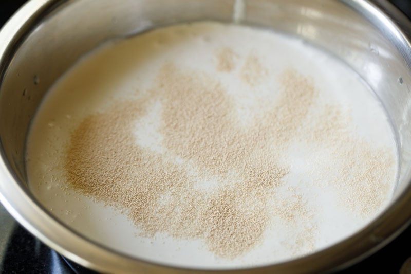 yeast sprinkled atop appam batter in bowl