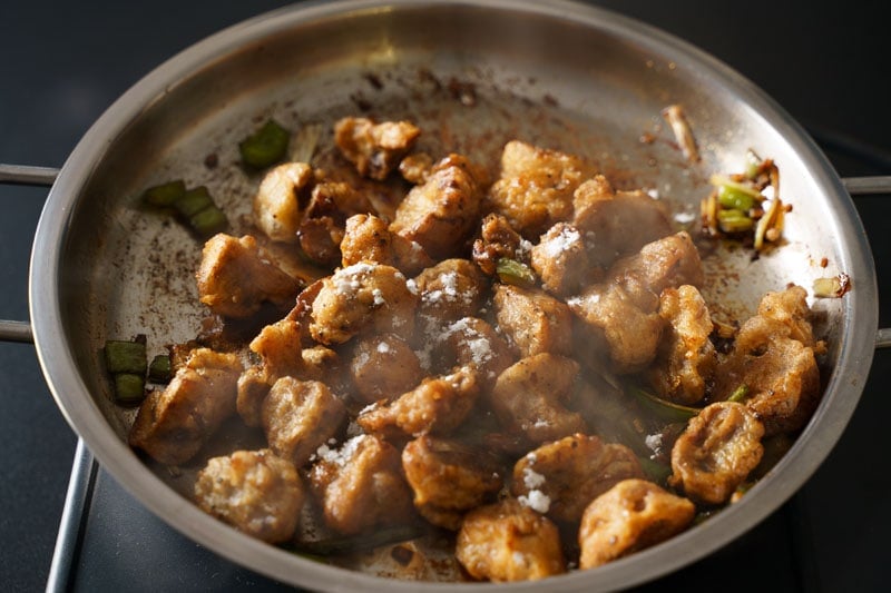 corn starch sprinkled on fried mushrooms