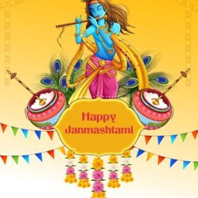 vector image of Bhagwan Krishna playing flute on Janmashtami festive background with text layovers