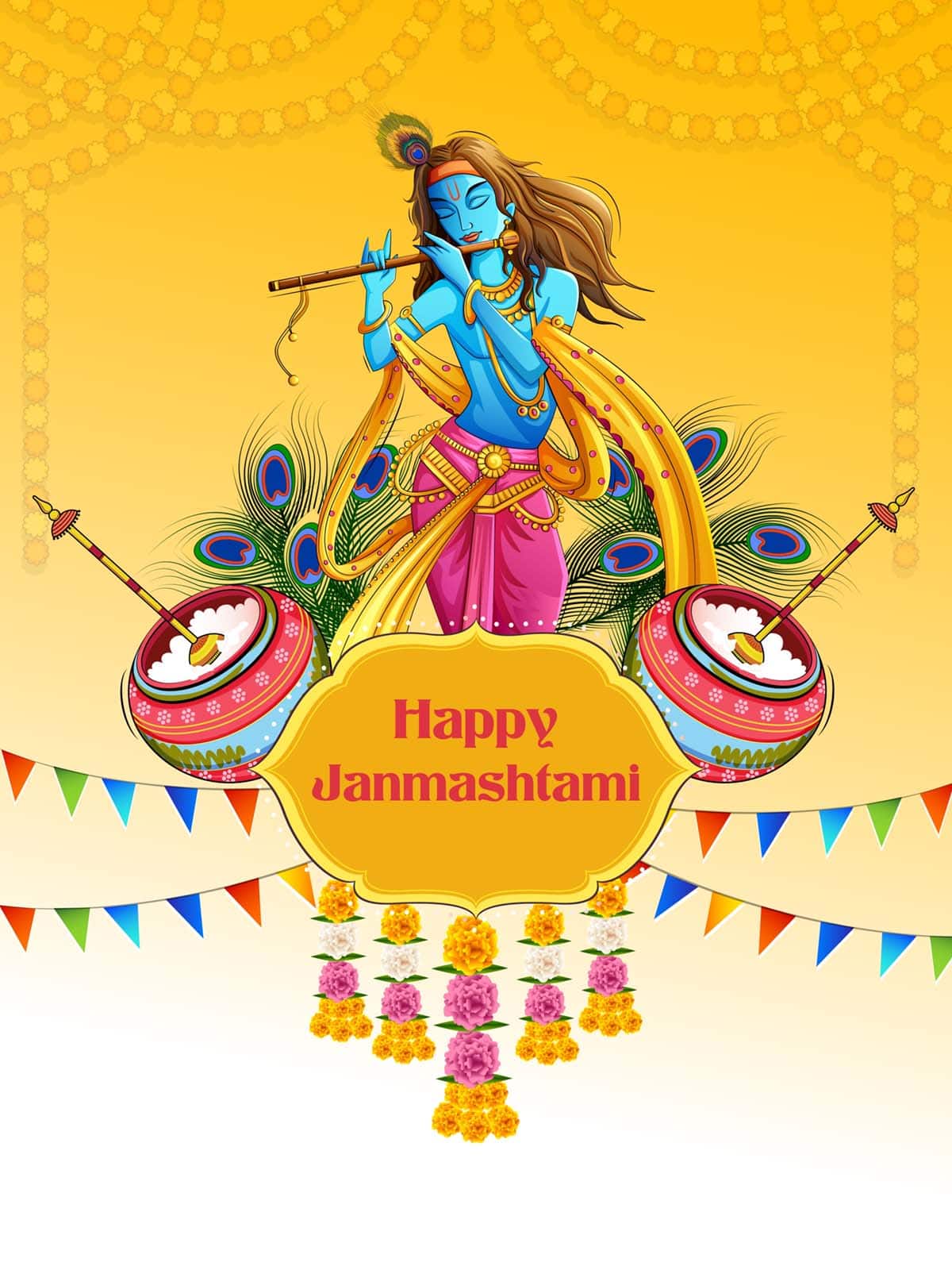 vector image of Bhagwan Krishna playing flute on Janmashtami festive background with text layovers