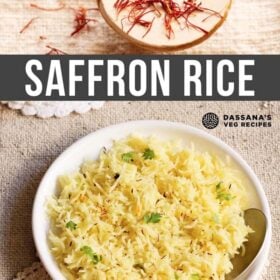 collage of saffron strands and saffron rice in a white plate with text layovers