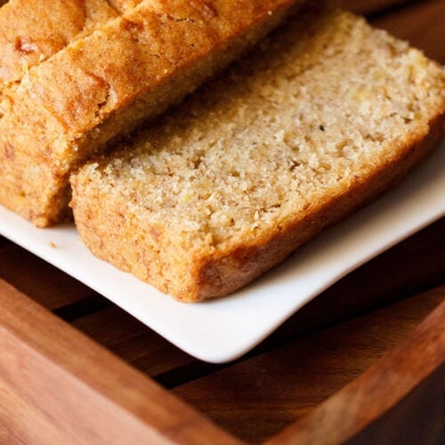 closeup shot of banana bread slices on white tray