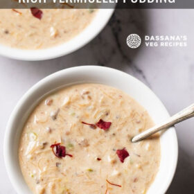 overhead shot of sheer khurma garnished with rose petals in a white bowl with a brass spoon with text layovers