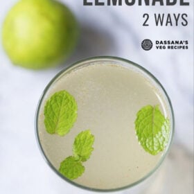 overhead shot of closeup shot of shikanji in a glass with mint leaves with a lemon placed near top left of the glass with text layovers