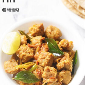 overhead shot of soya chunks fry in a white bowl with a lemon wedge with text layovers