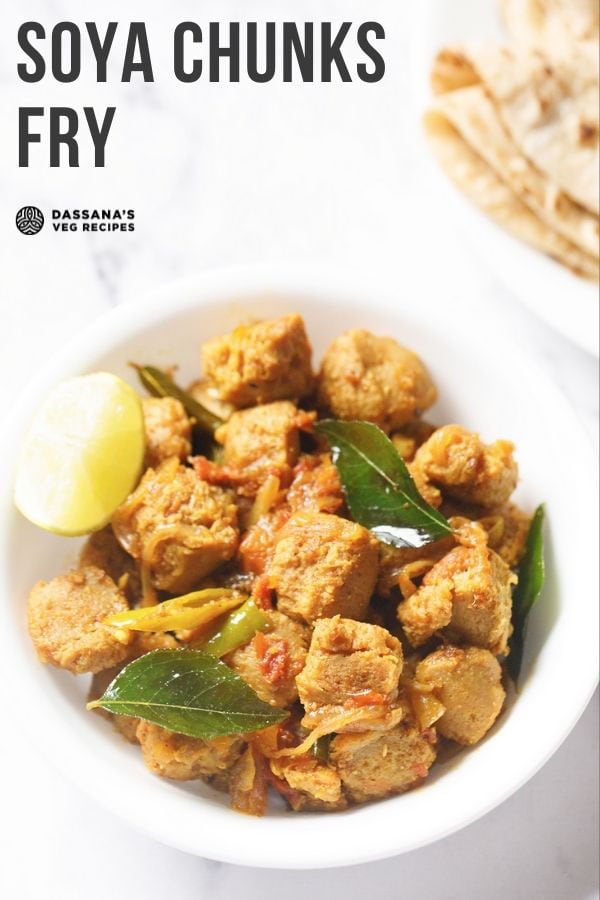 overhead shot of soya chunks fry in a white bowl with a lemon wedge with text layovers