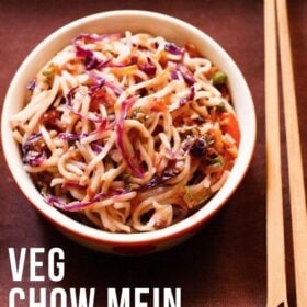 overhead shot of veg chowmein in a bowl with bamboo chopsticks by the side on a dark brown cotton napkin with text layovers