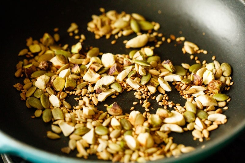 nuts and seeds after toasting in pan