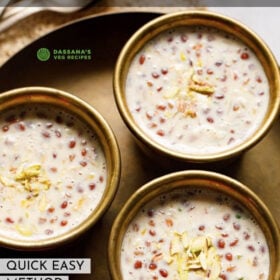 top shot of three brass bowls filled with basundi on a brass plate with text layovers