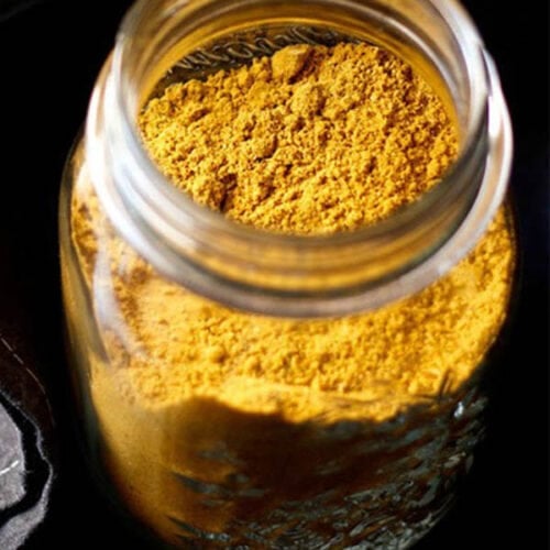 sambar powder in a glass jar.