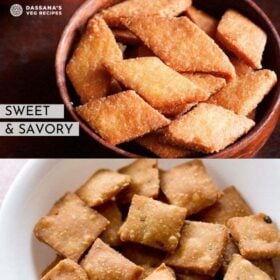 collage of sweet and savory shankarpali with text layovers
