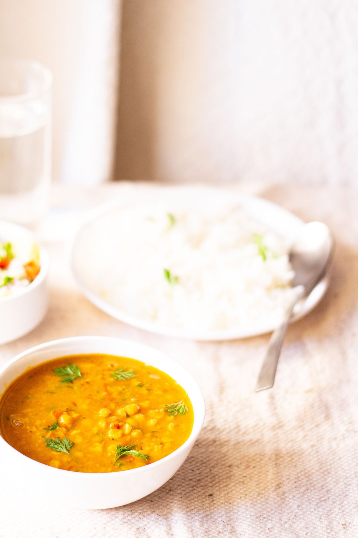 chana dal in a white bowl garnished and a white plate filled with cooked rice
