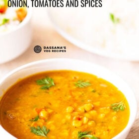 closeup shot of chana dal in a white bowl garnished and a white plate filled with cooked rice with text layovers