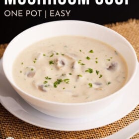 cream of mushroom soup in a white bowl placed on burlap with text layovers.