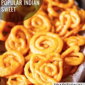 jalebi in a basket with text layovers.