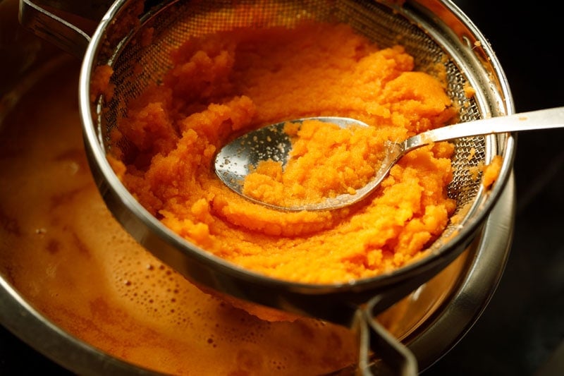 pressing down on the carrot celery pulp with a spoon to extract more juice.