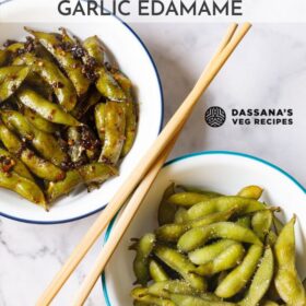 bowl of japanese salted edamame and spicy garlic edamame in two white bowls with chopsticks in center of bowls with text layovers.