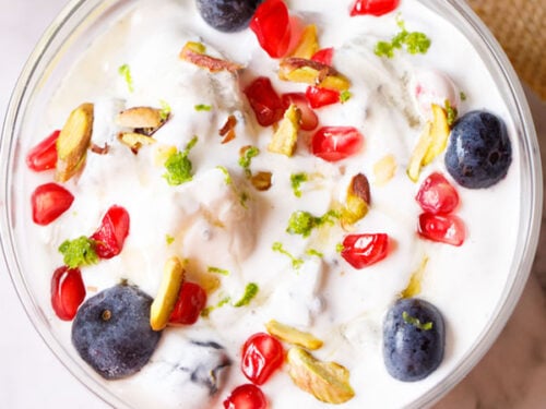 closeup shot of fruit cream in a glass bowl