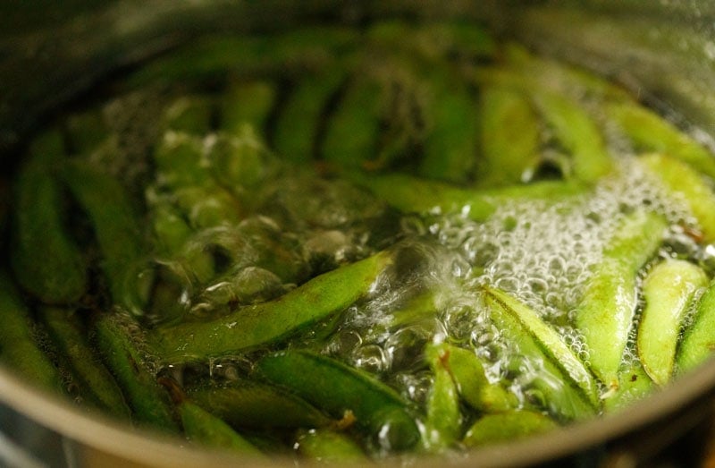 edamame pods boiling. 