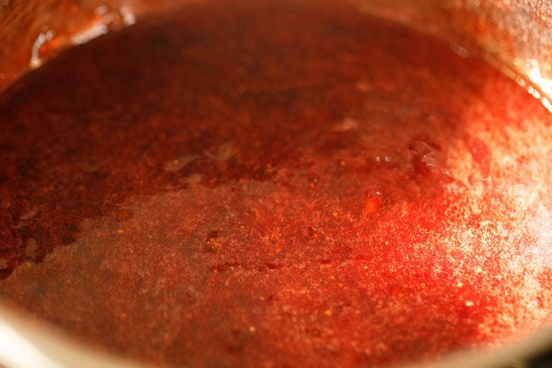 easy strawberry jam in the saucepan after cooking.