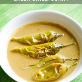 mirchi ka salan served in a white bowl on a green table with text layovers.