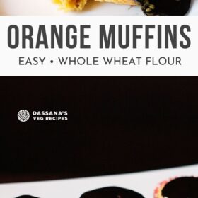 orange muffins with chocolate glaze on top on white tray with text layovers