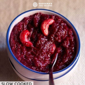 beetroot halwa in a bowl with text layovers