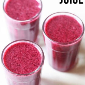 blueberry juice in three glasses with text layovers