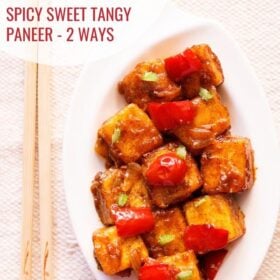 top shot of paneer manchurian on a white platter with bamboo chopsticks by the side with text layovers