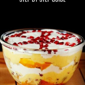 shot of different layers of trifle in a bowl with text layover.